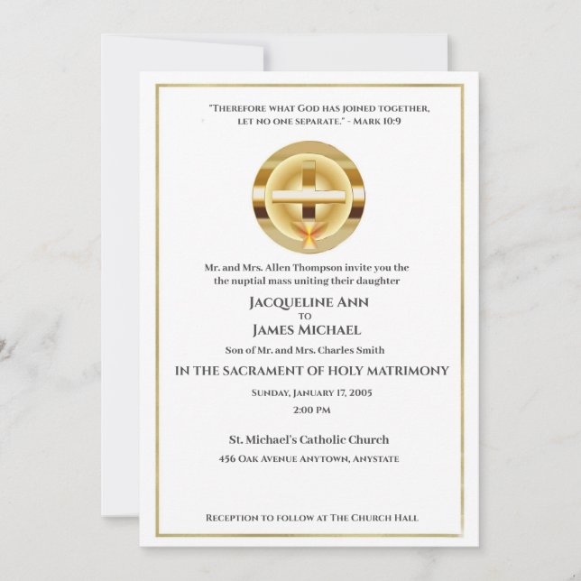 Invitación Cruz De Oro Y Boda Católico De Cáliz (Anverso)