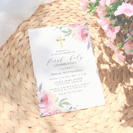 Invitación Cruz de Oro y Flores Pintadas Primera Santa Comuni