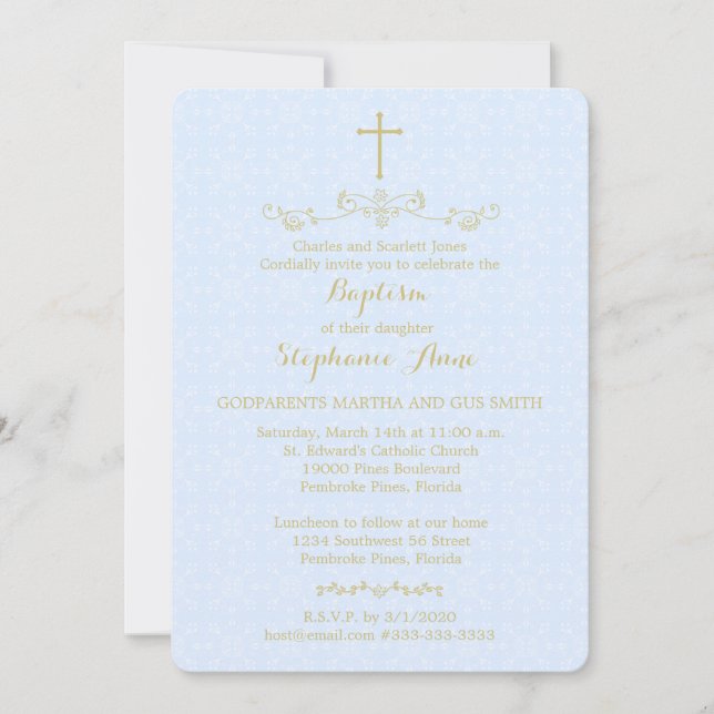 Invitación Cruz de oro y laureles en azul claro (Anverso)