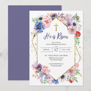 Invitación Cruz de Pascua Él ha Resucitado Flores de Primaver