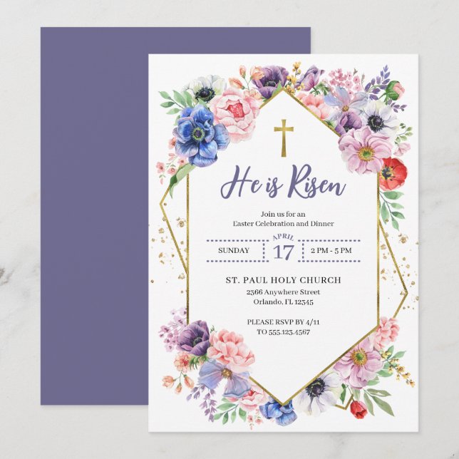 Invitación Cruz De Pascua Se Levanta Flores De Primavera (Anverso / Reverso)