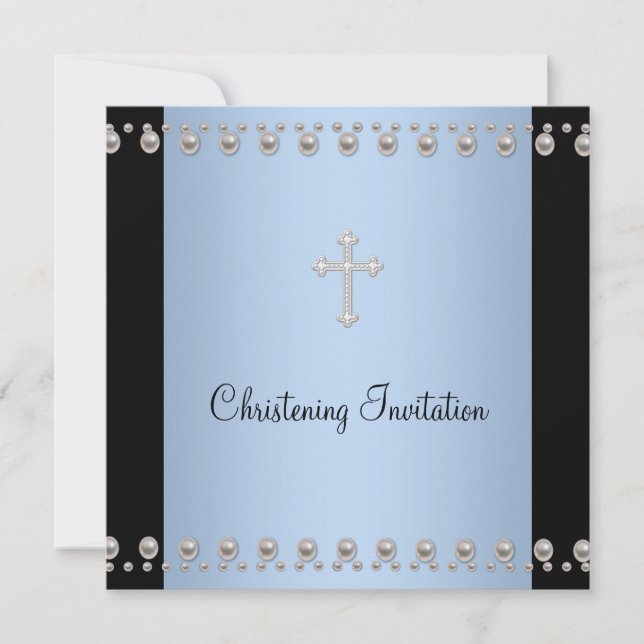 Invitación Cruz de Perla Azul Bautizo Negro Azul (Anverso)