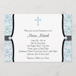 Invitación Cruz de Perla Azul Negro Damask Christening
