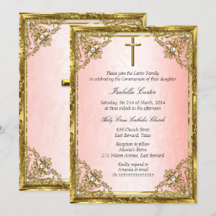 Invitación Cruz de Perla Beige de Oro Rosa de Communición