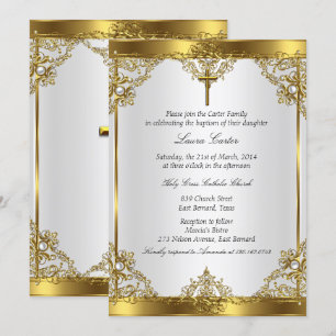 Invitación Cruz de perla blanca dorada Bautizo 2
