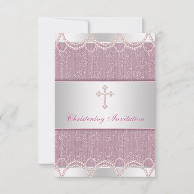 Invitación Cruz de Perla Rosa Bautizo de Niña (Anverso)
