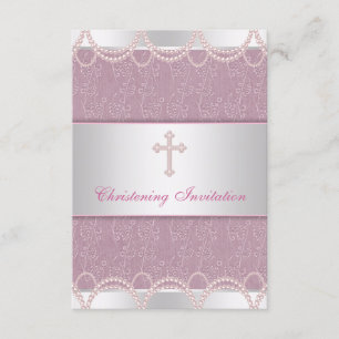 Invitación Cruz de Perla Rosa Bautizo de Niña