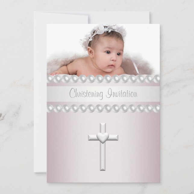 Invitación Cruz de Perlas Rosadas - Muchacha Foto Christening (Anverso)