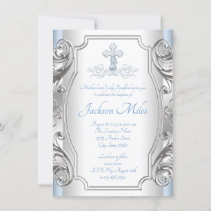 Invitación Cruz de plata azul bebé niño bautizo