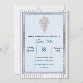 Invitación Cruz de plata Bautismo con encaje a rayas azul niñ
