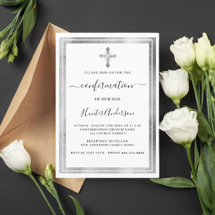 Invitación Cruz de plata blanca de confirmación