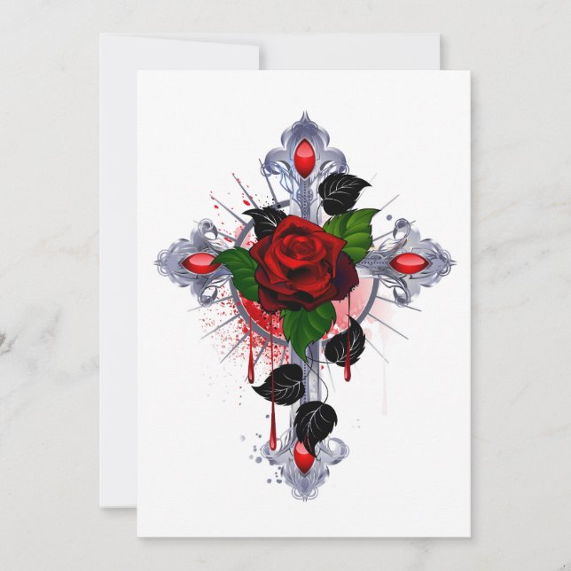 Invitación Cruz de Plata con una Rosa Roja (Anverso)