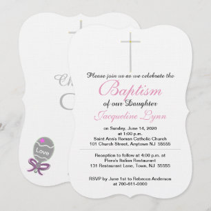Invitación Cruz de Plata de Bautizo Niña Sonajero Rosa Bebé