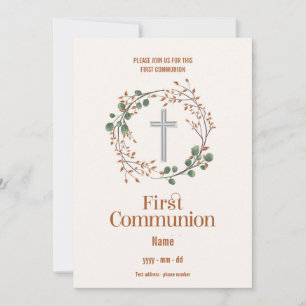 Invitación Cruz de plata de Primera Comunión Corona Botánica