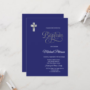 Invitación Cruz de plata elegante Bautizo Azul Marino