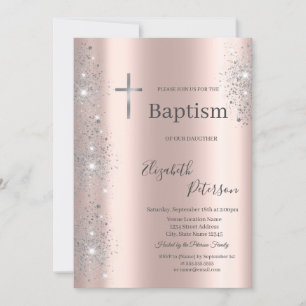 Invitación Cruz de Plata Elegante Bautizo Brillo Rosa Dorado