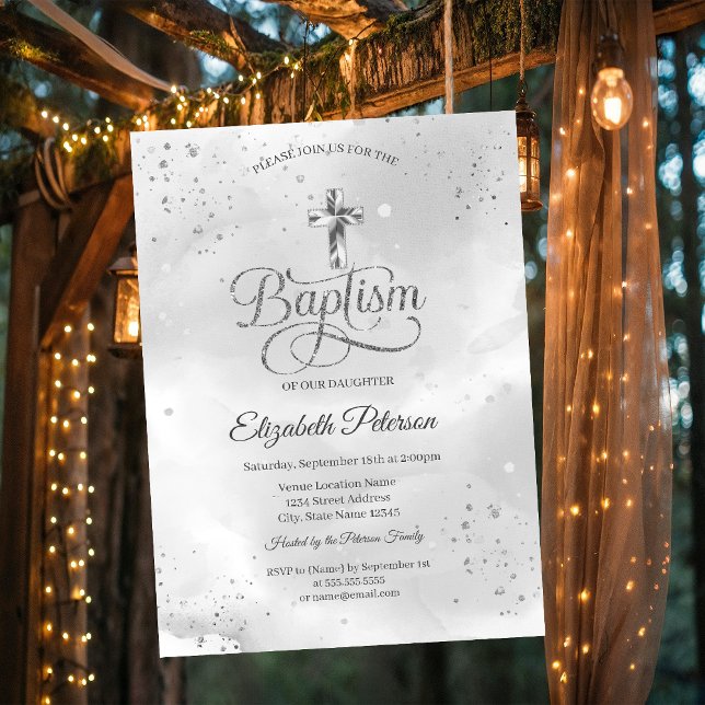 Invitación Cruz de plata elegante simple con confeti (Subido por el creador)