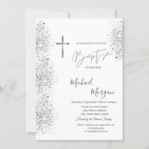 Invitación Cruz de plata elegante, y confeti de purpurina pla