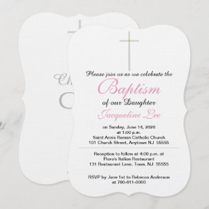 Invitación Cruz de plata y oro bautizo hija rosa