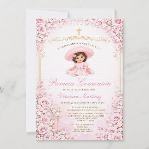 Invitación Cruz de Primera Comunión de Niña Floral Rosa