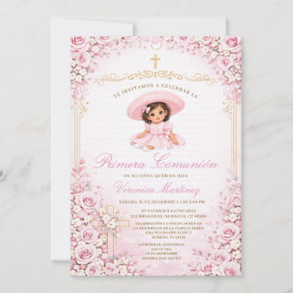Invitación Cruz de Primera Comunión de Niña Floral Rosa