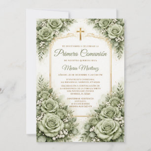 Invitación Cruz de Primera Comunión Española Floral Verde Sal