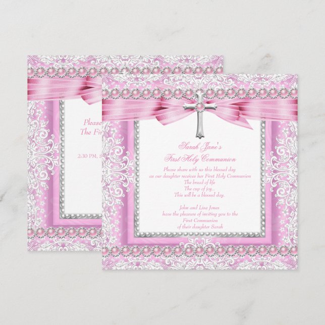Invitación Cruz de Primera Comunión para Niñas con Perla Rosa (Anverso / Reverso)