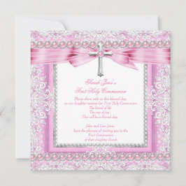 Invitación Cruz de Primera Comunión para Niñas con Perla Rosa