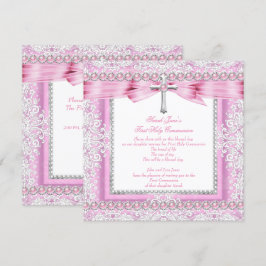 Invitación Cruz de Primera Comunión para Niñas con Perla Rosa