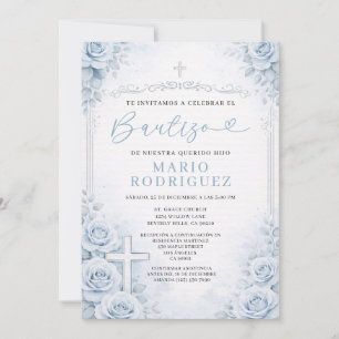 Invitación Cruz de religión de bautizo español floral azul po