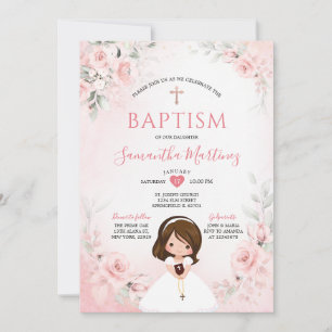 Invitación Cruz de rosa polvorienta Floral niña rezando Santo
