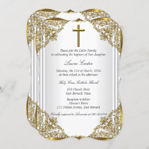 Invitación Cruz del Bautismo de la Perla de Oro Blanco