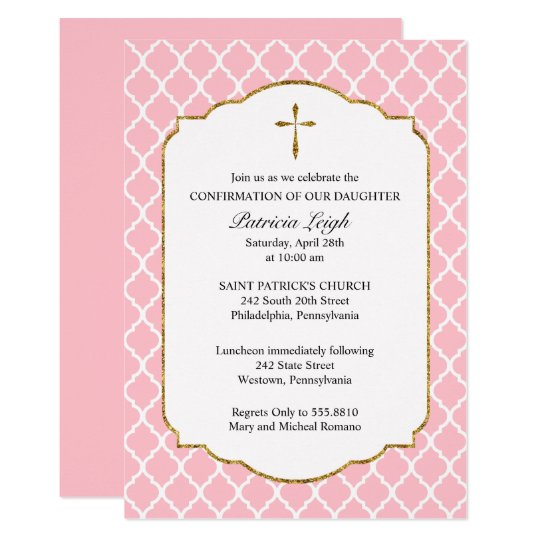 Invitación Cruz Del Oro Confirmación De Quatrefoil Rosada Zazzlees