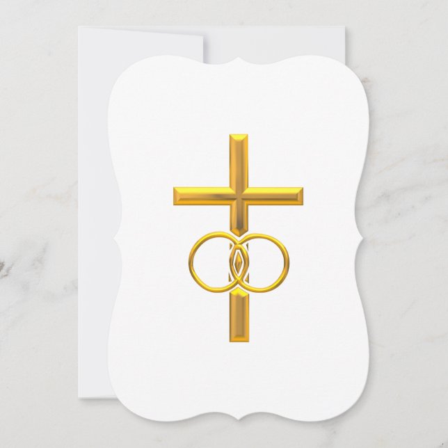 Invitación Cruz dorada 3-D con anillos de boda (Anverso)