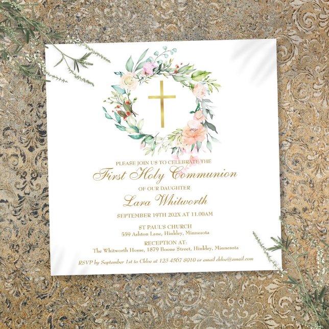 Invitación Cruz dorada acuarela floral primera comunión (Gold Cross Watercolor Floral First Holy Communion Invitation)