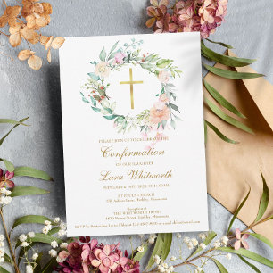Invitación Cruz Dorada Aquarela Floral Confirmación