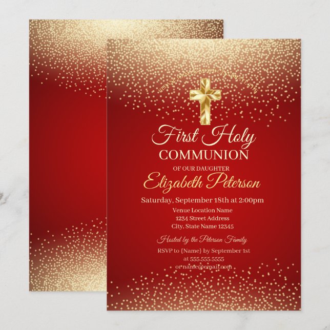 Invitación Cruz dorada con puntos rojos Primera Comunión  (Anverso / Reverso)