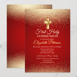Invitación Cruz dorada con puntos rojos Primera Comunión 