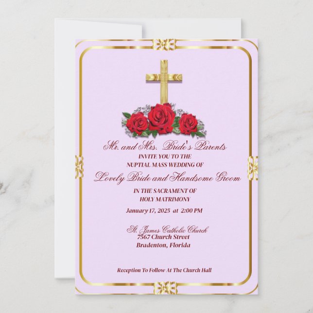 Invitación Cruz Dorada con Roses Rojos Católicos (Anverso)