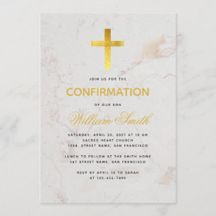 Invitación Cruz dorada de mármol simple con caligrafía para c