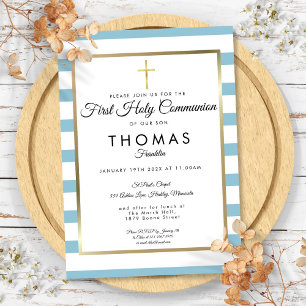 Invitación Cruz dorada de rayas azules Primera Comunión