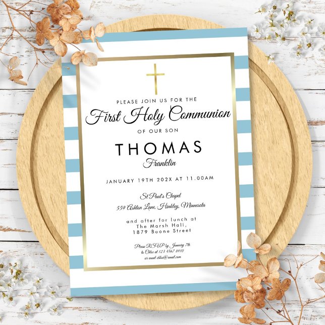 Invitación Cruz dorada de rayas azules Primera Comunión (Blue Striped Gold Cross First Holy Communion Invitation)