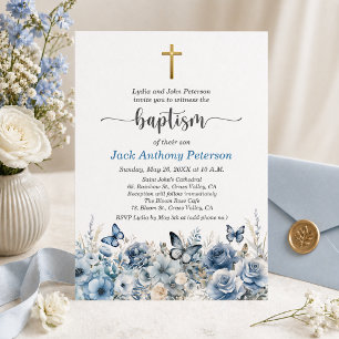 Invitación Cruz Dorada Elegante Bautismo Floral Azul