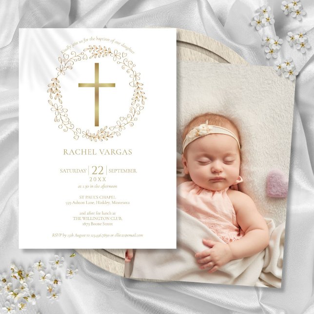 Invitación Cruz dorada floral Bautizo Foto (Baptism Christening Gold Cross Floral Photo Invitation)