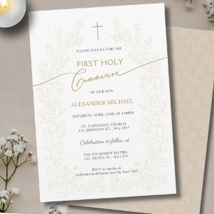 Invitación Cruz dorada floral Primera Comunión Religiosa
