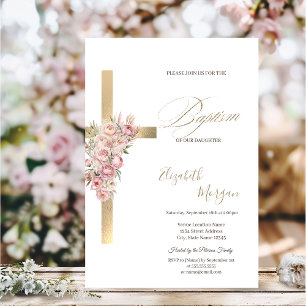 Invitación Cruz dorada flores rosadas Bautizo confeti brillan