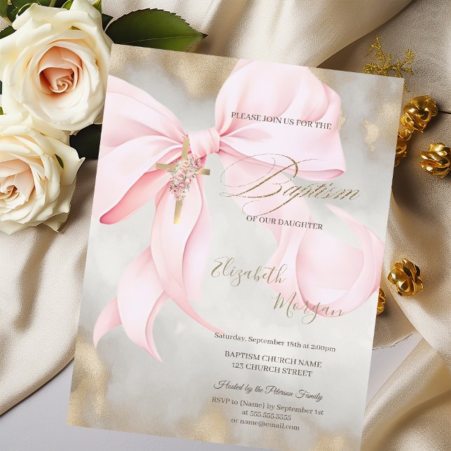Invitación Cruz dorada flores rosadas lazo Bautizo brillo dor (Subido por el creador)