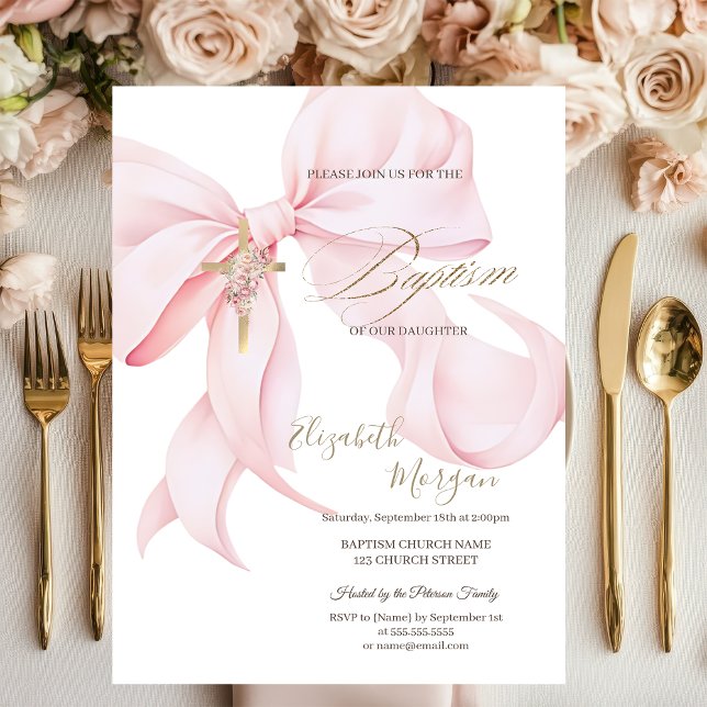Invitación Cruz dorada flores rosadas lazo Bautizo rosa (Subido por el creador)