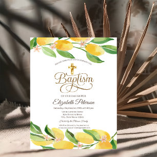 Invitación Cruz dorada limones cítricos acuarela botánico