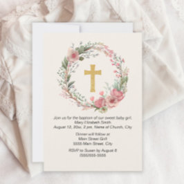 Invitación Cruz Dorada Niña Rosa Floral Religioso Bautizo
